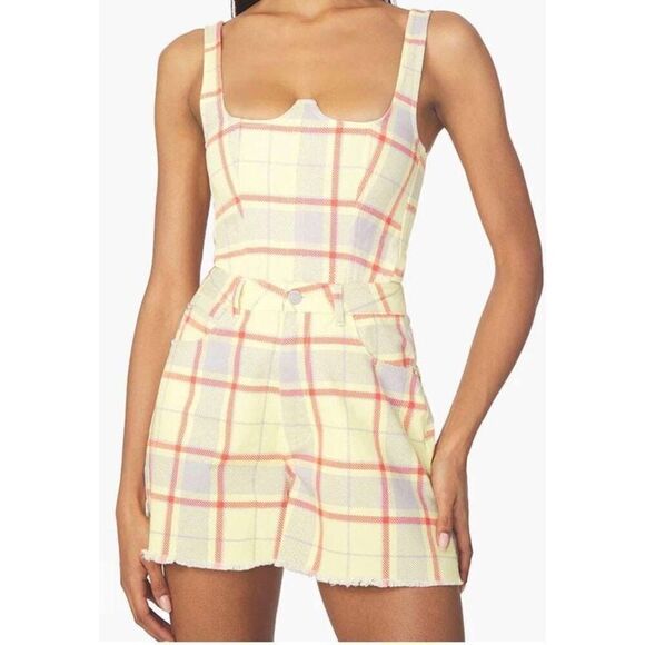 WeWoreWhat Boyfriend Denim Short in Pale Yellow Plaid Size 24 - Picture 2 of 7